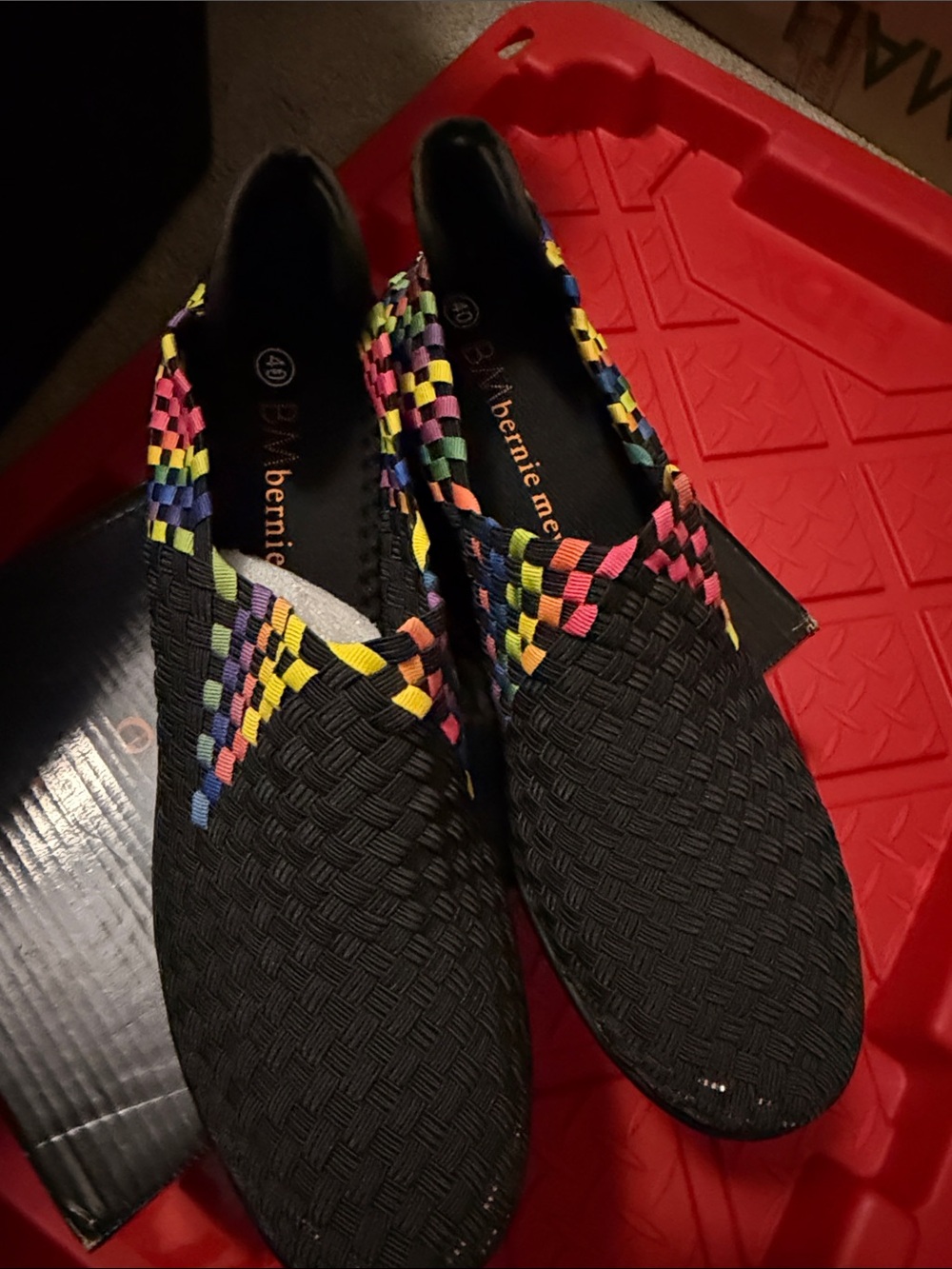 bernie mev. Black Woven Slip-On Loafers with Multicolor Braided Trim